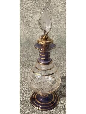 VTG Egyptian Gold Trim Glass Perfume Bottle W/ Stopper 4 3/4” Tall